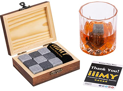 iiiMY Whisky Stones Gift Set of 9 Natural Soapstone and Granite Chilling Rocks with Stylish Wooden Box and Free Velvet Pouch - Christmas, Birthday, for Men