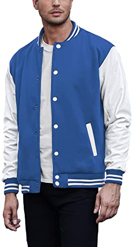 COOFANDY Mens Fashion Varsity Jackets Leather Sleeve Slim Fit College Baseball Letterman Bomber Coat Blue Large