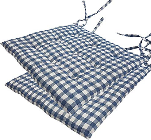 NYVI Stuhlkissen 40x40 cm ComfySeat Blau Weiß kariert 2er Set - Sitzkissen mit Bändern/Schleife, 9-fache Steppung - Indoor & Outdoor - Gartenstuhlkissen aus Baumwoll-Mischgewebe - ÖkoTex 100