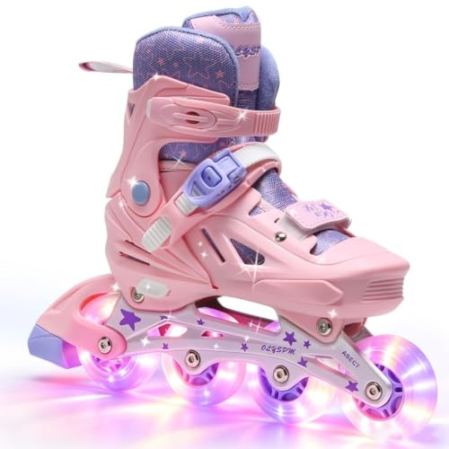 OLYSPM Patines en Linea Niña Rosa-Violeta,4 Tamaño Ajustable Patines Niña con 8 Ruedas Luminosas para Principiantes Adultos en Exteriores e Interiores
