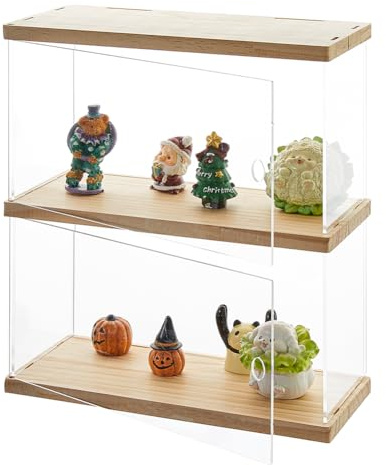 SUPERFINDINGS Vitrine Acrylique pour Figurine Présentoir en Acrylique à 2 étages avec Base en Bois pour Objets de Collection Boîte de Rangement en Bois Clair pour modèles réduits Présentoir