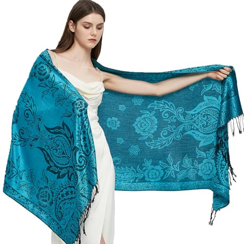 Gragengs Pashmina Schal Wrap mit ethnischen Paisley Two Tone Jacquard Schal für Damen,Paisley-Blau