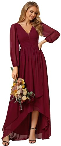 Ever-Pretty Vestido Dama Honor Mangas de Linterna High Low Cuello en V Gasa Plisado para Mujer Burdeos 46