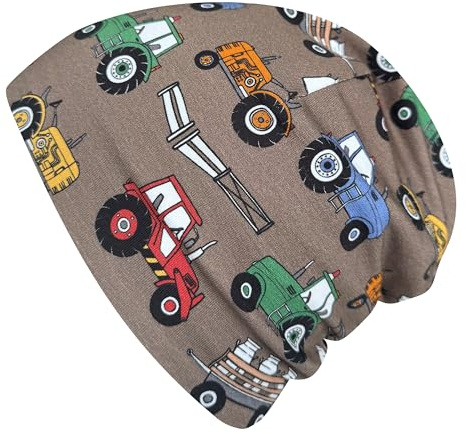 Ullkycklingar pojkar/flickor Shorties beanie/beanie-mössa/stickad mössa/barnmössa, bekväm, många motiv, jersey, tvåskiktsfodrad, övergångsperioder (ekologiskt tyg/bio) 202401, Traktor brun/färgglad,