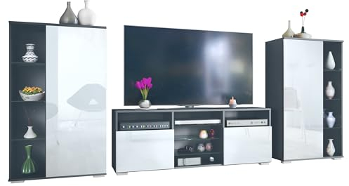 Vladon Wohnwand Davos, Anbauwand bestehend aus 2 Vitrinen und 1 TV-Board, Anthrazit matt/Weiß Hochglanz (329 x 134 x 35 cm)
