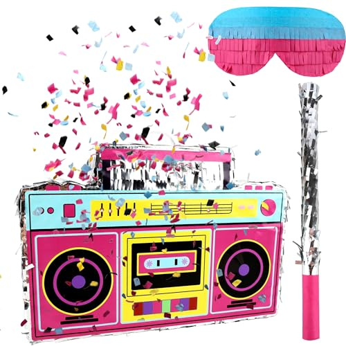 80s 90s Radio Boombox Set Includes Boombox for Pinata and Bat Stick Blindfold Colored Confetti for Adults Kids 80s 90s Nostalgia Hip Hop Theme Party Supplies