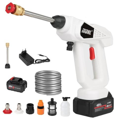 Akku Hochdruckreiniger, 48V Max 35Bar Mobiler Hochdruckreiniger mit 1 Akkus, 5m Schlauch & Ladegerät | Tragbarer Hochdruckreiniger für Auto, Terrasse, Fenster, Rasen (mit 1X 5600mAh Akkus, Weiß)