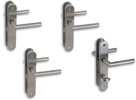 Juego de 4 placas largas para puerta de acero inoxidable satinado para 3 puertas de habitaciones con perforación de barba y 1 puerta de baño y tirador de puerta
