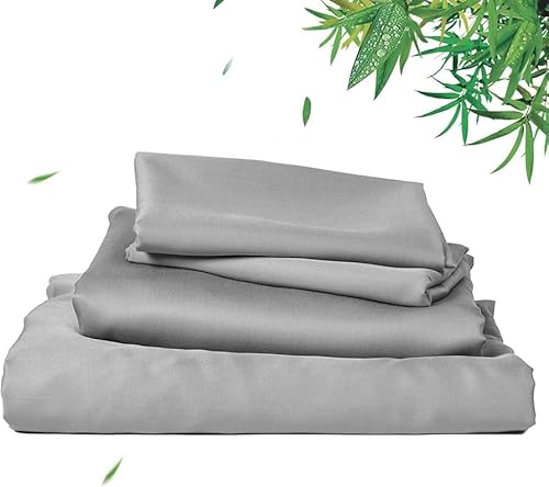 Waterlily 100% Bamboo Lyocell Bedding Set 4 Pcs Duvet Cover Fitted Sheet Pillowcases Double King Size Organic Natural Soft Vegan Silk Luxury Bed Linen (Grey, Double)