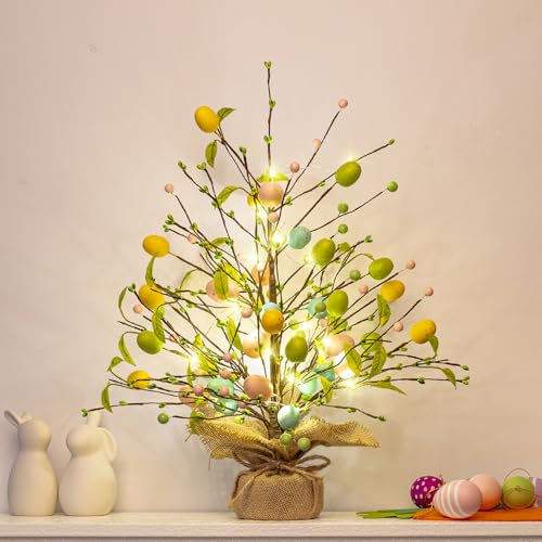 kopotma Arbre de Pâques avec lumières, arbre à œufs de Pâques colorés, décorations de table de Pâques, décorations de Pâques avec lumières de sonnerie, décoration de Pâques pour la maison et la fête