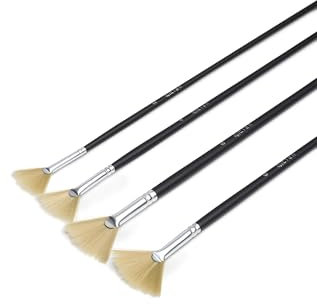 Elan Juego de 4 pinceles de abanico premium, cerdas sintéticas de cerdo para pintura al óleo, cepillo de cerdas de mango largo, juego de pinceles para artistas