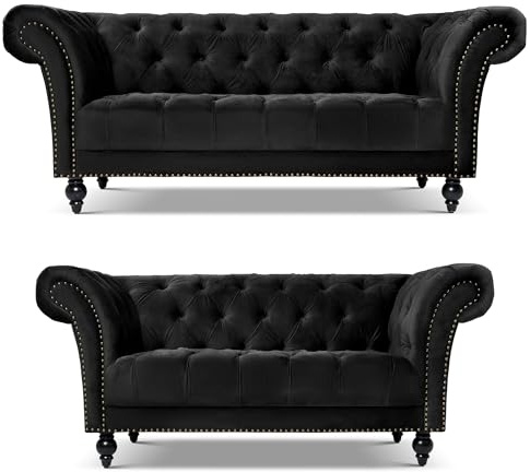 Bravich Chesterfield Velvet Sofa Set, Black 2 and 3 Seater Sofa Suite for Living Room, Classic Button Back Settee with Rolled Arms, Solid Wood Frame, 2 Piece Collection