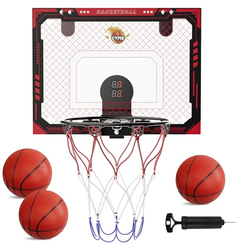 CYFIE basketkorg inomhus, basketkorg barn med elektronisk resultattavla och basket, mini basketkorg för pojkar flickor, mini basketkorg för rummet, röd med krok