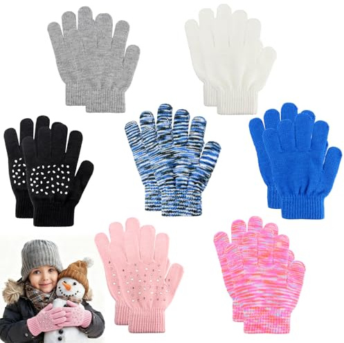 Solivive 7 Paires de Gants Chauds d'hiver Enfants, Gants Tricotés d'Enfants Mitaines d'Hiver Extensibles, Gants en Pleins Doigts pour Garçons et Filles 3 à 10 Ans