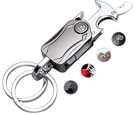 Portachiavi Uomo Multifunzione 5-in-1, Portachiavi Auto Resistente in Metallo, Moschettone, Utile, Multitool, Personalizzato per Apribottiglie, Spinner, Accessori, Regali Utili Uomo, Papà, Fidanzato
