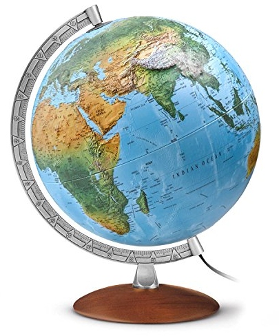 FR 3010 Leuchtglobus 3D: FR3010, Leuchtglobus mit 3-D-Oberfläche, Durchm. 30 cm,klassisches Doppelbild, dunkler Echtholzfuß, Metallmeridian: Kartenbild: Physikalisch / Politisch (Globus 3D-Oberfläche)