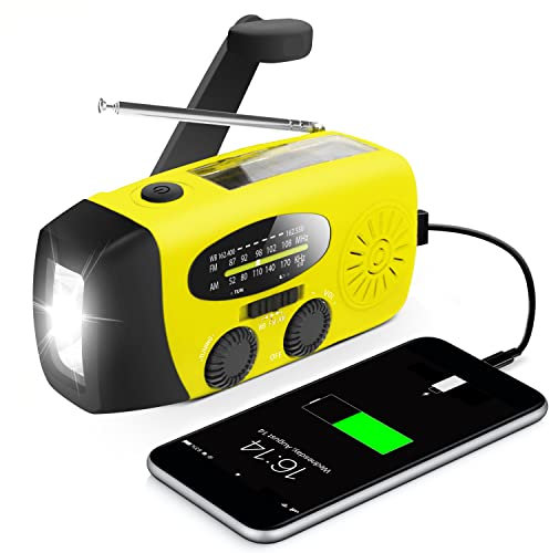RIIMUHIR Upgraded Version RunningSnail Emergency Hand Crank Self Powered AM/FM NOAA Solar Weather Radio with LED Flashlight, Emergency Power Bank for iPhone/Smartphone (088Y)