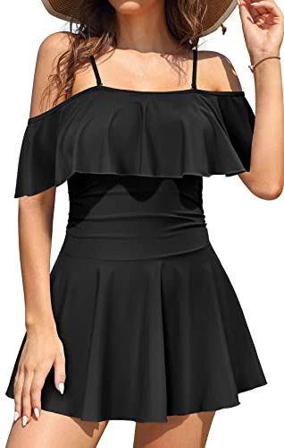 SHEKINI Maillots De Bain Femme Une Pièce avec Jupette Élégant Une Epaule Volants Abdominal Contrôle Ruched Maillot Une Pièce Robe de Plage Vintage Jupe De Bain (Noir, L)