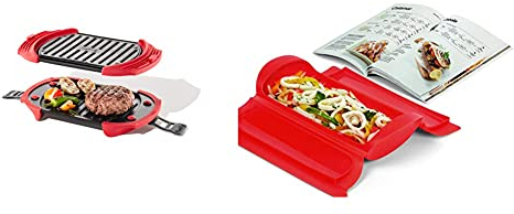 Lékué Microwave Grill, Red Microondas, Acero, Rojo Y Negro, 25.2 X 14.8 Cm + Kit Estuche De Vapor 1,2 Personas + Libro De Recetas, 650 Ml, Silicona