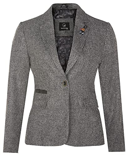 Women's Tweed Grey Herringbone Classic 1920s Formal Wool Tailored Blazer with Elbow Patches 14