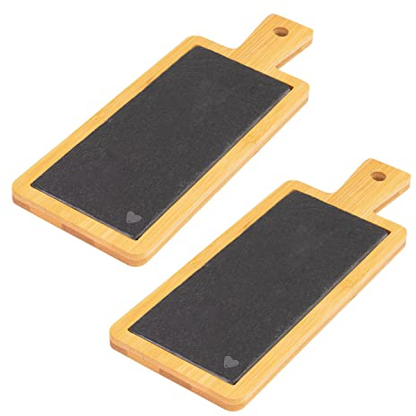 Westmark Lot de 2 planches de service en bambou et ardoise naturelle, avec motif et poignée, rectangulaires, surface : 23 x 9 cm, bambou/ardoise, tapas + Friends, marron clair/anthracite, 697022E3