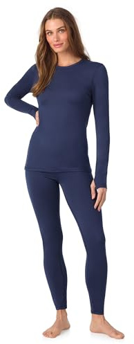 Cuddl Duds Womens Heavyweight Fleece 2 Piece Long Sleeve Thermal Underwear Set – Shirt & Leggings Base Layer for Cold Weather – Winter Clothing Long Johns Lounge Sets for Women, Navy Blue, S