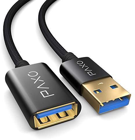 PAXO USB Verlängerung 2m, 10 Gbit/s (1,25 GByte/s), USB 3.2 Gen2 (3.0, 3.1), USB Verlängerungskabel, A-Stecker auf A-Buchse, schwarz, Stoffmantel