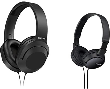 Philips Audio H2005BK/00 Over-Ear Stereo Headphones Wired (2 m Cable, 40 mm Neodymium Drivers, Passive Noise Isolation) Black & Sony MDR-ZX110 Overhead Headphones - Black, BASIC, Pack of 1