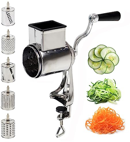 Manuelle rotierende Kartoffelreibe Bohnen-Schneider zur Tischmontage Rostfreie Gemüseschneider mit Schraubzwinge 5 Trommeln Edelstahl Silber