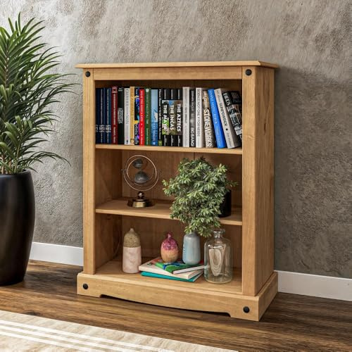 Corona Small Bookcase 3 Book Shelves Low Solid Mexican Pine Wood