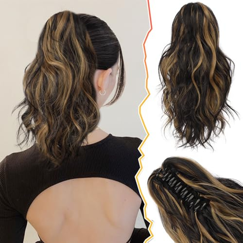 BARSDAR Extension a coda di cavallo con clip a artiglio, 35,5 cm, capelli corti e ondulati, extension per capelli da donna, extension sintetiche con clip in coda di cavallo, colore nero con riflessi