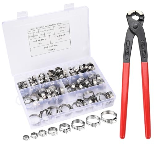 Lpraer Ohrklemmenzange Einzelohrschlauchklemme Schlauchschellen mit Zange Set mit 150pcs Schhlauchklemmen 6-23,5mm + Zange Klemmwerkzeugsatz aus 304 Edelstahl