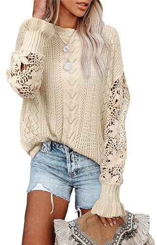 MINTLIMIT Women's Jumpers Long Sleeve Crochet Lace Hollow Out Knit Sweaters Pullover Tops for Ladies