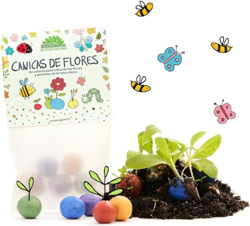 Paquete de 10 x 5 canicas de flores de colores | Regalo de cumpleaños para niños | Regalo fiesta de guardería o escuela infantil | Bolitas de semillas para regalar fin de curso