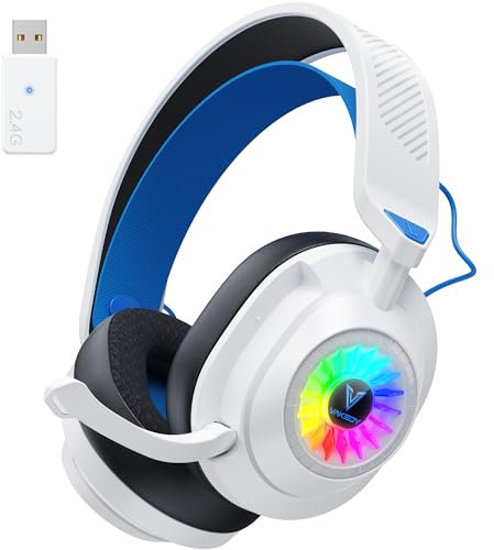 Vakedy HW10 Wireless Gaming Headset, Bluetooth Headset Wireless für PC, PS4, PS5, Mac, Switch, Mobile, Gaming Headset Bluetooth mit Mikrofon, mit RGB Licht, Über 50 Stunden Akkulaufzeit - Weiß/Blau