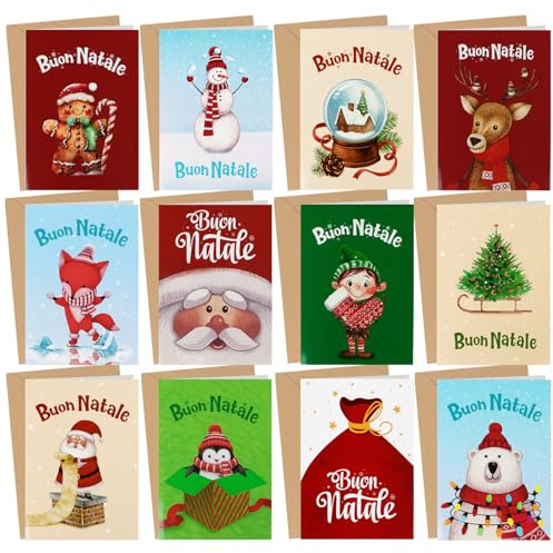 BETESSIN 12pz Biglietti Natale con Buste Bigliettini Auguri Scritta Buon Natale Regalo Natale Cartoline di Natale Mini Biglietti Natalizi Regalo Natalizio per Amici Famiglia