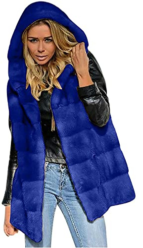 Gilet lungo in pelliccia sintetica da donna, con cappuccio, elegante, senza maniche, spesso e caldo, in pelliccia sintetica, giacca in finta pelliccia, Blu scuro, xxl
