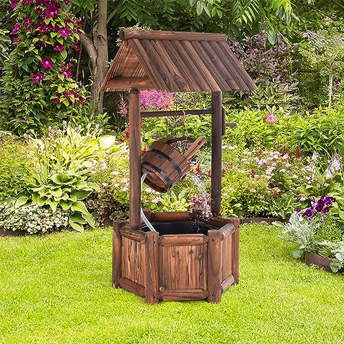 RELAX4LIFE Puits de Jardin en Bois de Sapin, Fontaine de Patio Décorative avec Pompe à Eau Électrique, Fontaine d'Ornement avec Surface Carbonisée et Design de Pavillon, 60X57X116CM