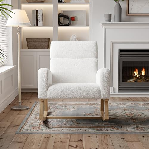 SUNFECILI Mecedora, sillón reclinable con 2 Bolsillos Laterales, Tela de Peluche, sillón de Lactancia, sillón Moderno con Respaldo Alto, Mecedora, sillón de Lectura (Blanco-C)