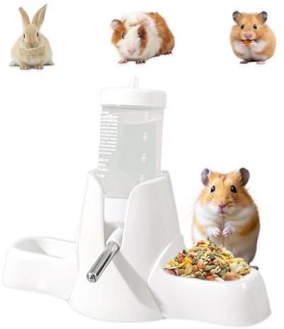 XHYASD Botella De Agua para Hámsters 80 ml Blanca, Dispensador Automático 3 en 1 con Doble Cuenco y Soporte, Sin Fugas para Hámsters, Conejos, Cobayas y Chinchillas