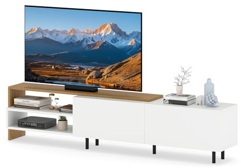 KOMFOTTEU TV-skåp för TV upp till 80 tum, TV-skåp av trä med 2 skåp med dörrar och 2 öppna hyllor, lågbord med metallben, för vardagsrum, sovrum, 181 x 31 x 41 cm, vit