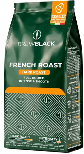 BrewBlack French Roast Coffee Beans, Extra Strong Dark Roast | Intensity 5/5, Full-Bodied, 100% Robusta, Made in Italy