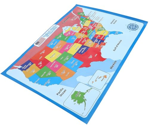 Uonlytech Póster Educativo Mapa de Estados Unidos para Preescolares, Carteles de Aprendizaje Cognitivo Impresión Resistente y Diseño Colorido para Aula y Decoración Varios estilos
