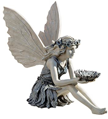 Design Toscano La fatina dei girasoli Mangiatoia per uccelli statua giardino, poliresina, pietra bicolore, 51 cm