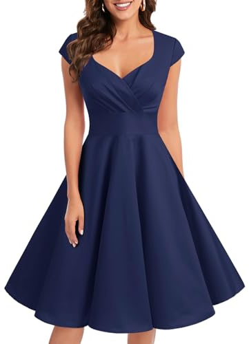 Bbonlinedress Vestido Fiesta Mujer Retro Años 50 Vintage de Cóctel Invierno para Invitada Boda Comunion Dama de Honor Cuello V Manga Corta Navy XL