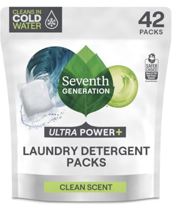 Laundry Detergent Packs, Ultra Power +, Clean Scent, 42 Packs, 29.6 oz (840 g), Seventh Generation