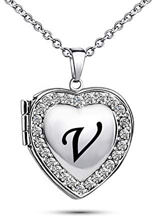 KunBead Jewelry Nice Birthday Crystal Mum Daughter Photo Locket Initial Letter V Pendant Necklace Silver for Pictures