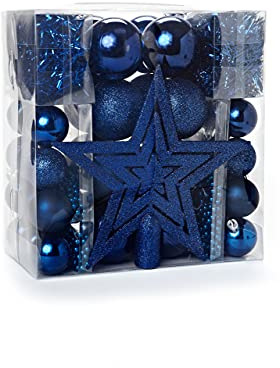 HEITMANN DECO - Addobbi per albero di Natale, colore blu, 45 pezzi, con puntale, palline, catene di perle e ghirlande, in plastica