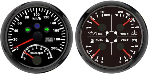 ELING Compteur de vitesse GPS 2 en 1 de 85 mm 200 km/h compteur kilométrique avec tachymètre compte-tours du moteur avec niveau de carburant multifonction 4 en 1 pression d'huile