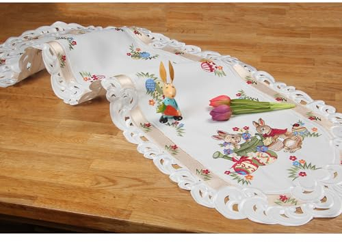 HanaQi - Ostern Tischläufer, Tischdecke Weiß mit Häschen Narzissen Stickerei, Polyester ca. 40x110 cm